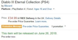 Amazon lists a physical version of Diablo III Eternal Collection